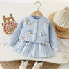 Powder Blue Bow Knit Cardigan & Pleated Skirt Set for Baby Girls